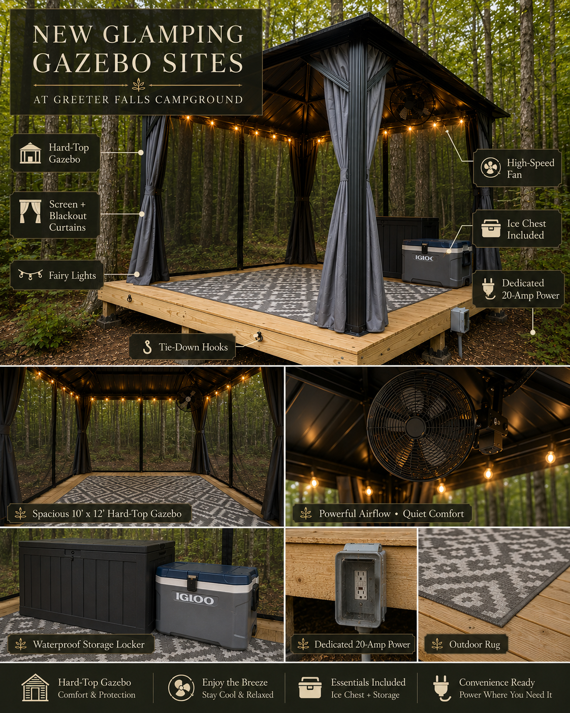 Glamping gazebos with roofs and curtains at Greeter Falls Campground