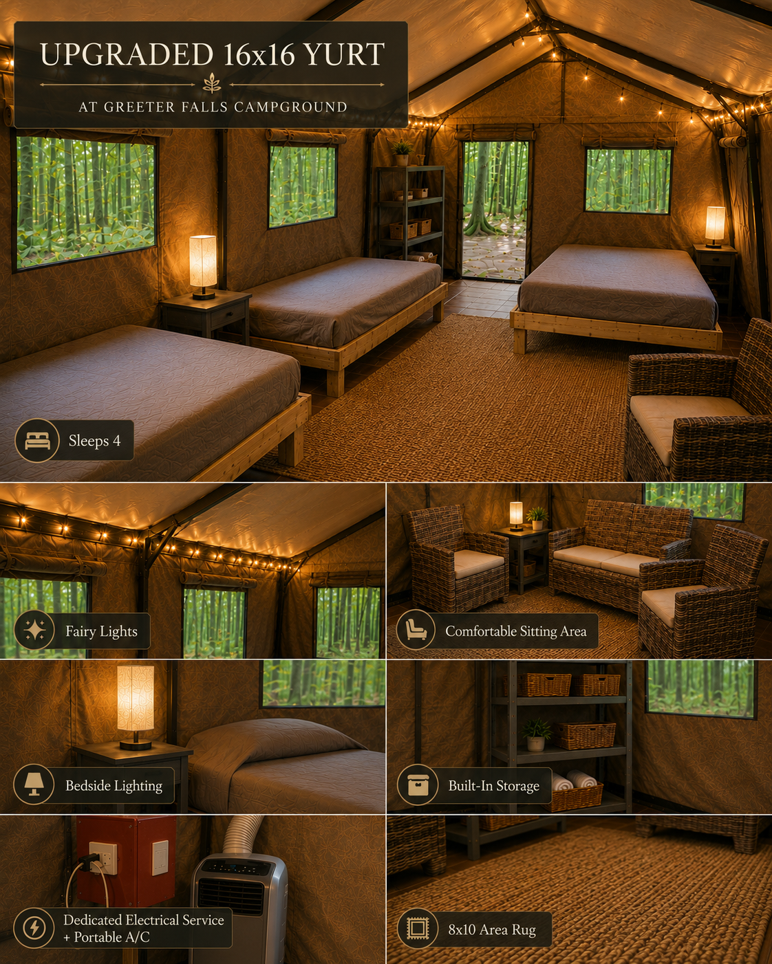Glamping yurts in the woods at Greeter Falls Campground