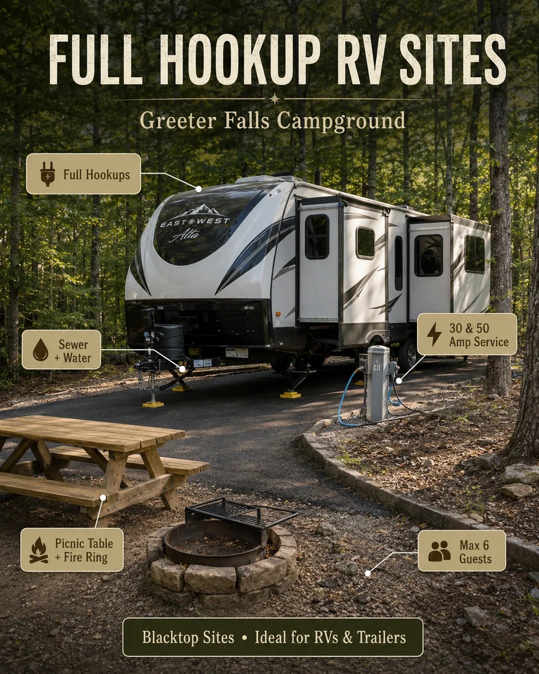 Full hookup RV site at Greeter Falls Campground