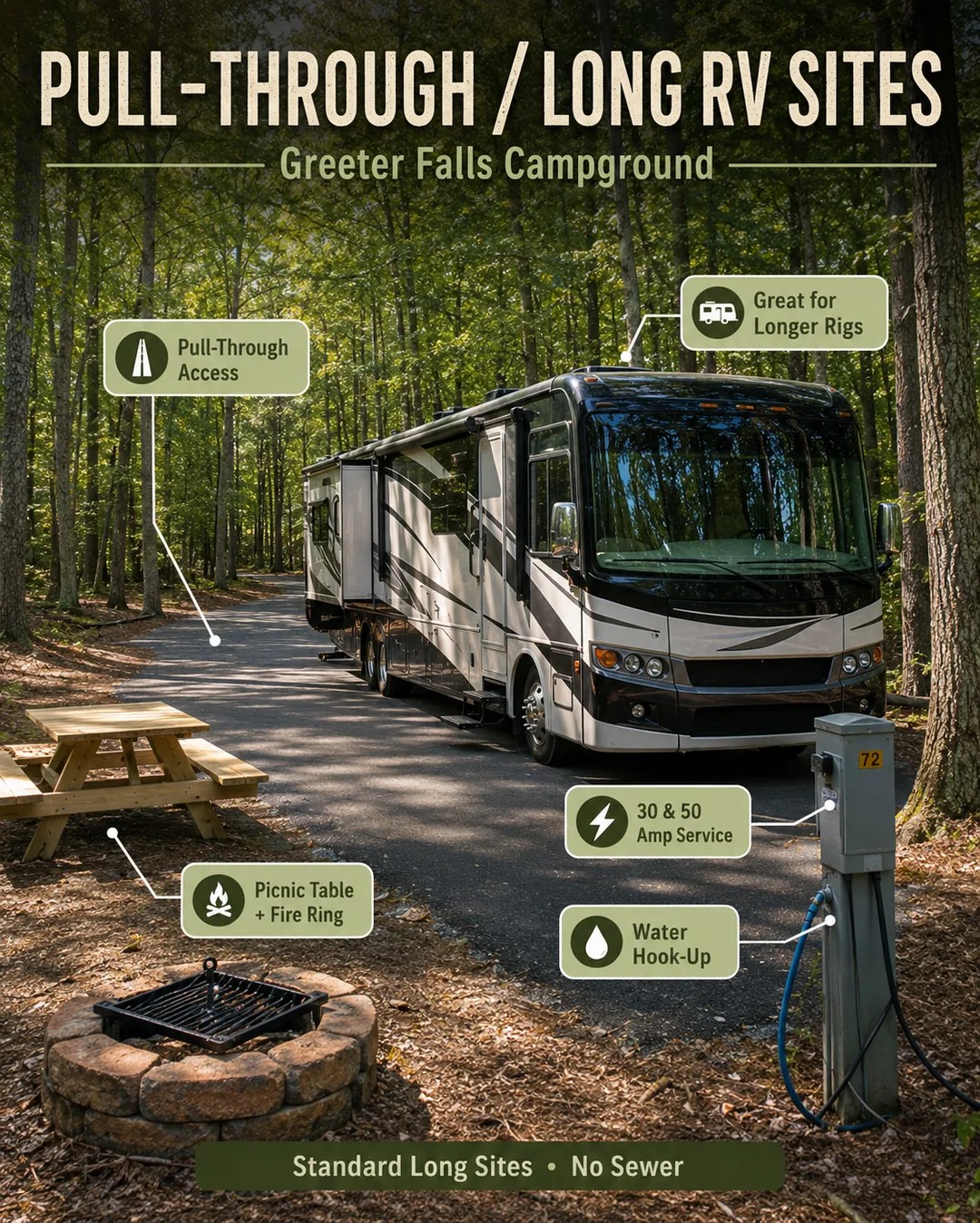 Pull-through RV campsite with blacktopped pad at Greeter Falls Campground
