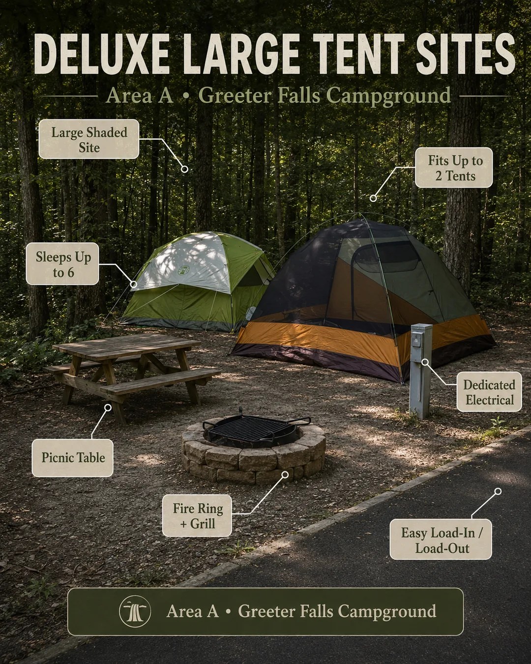 Tent campsite at Greeter Falls Campground